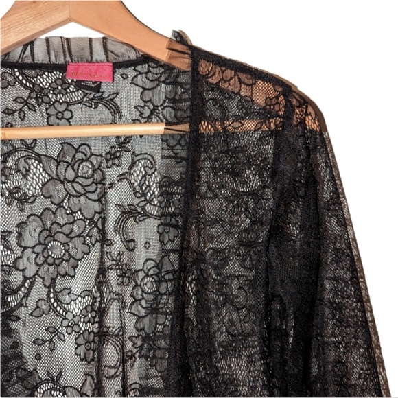 Betsey Johnson Black Lace Bell Sleeve Tulle Front Tie Waist Crop Blouse - Picture 5 of 16